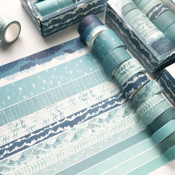 Washi Tape Set med 12 rullar, Blue Sea Wave dekorativa Washi