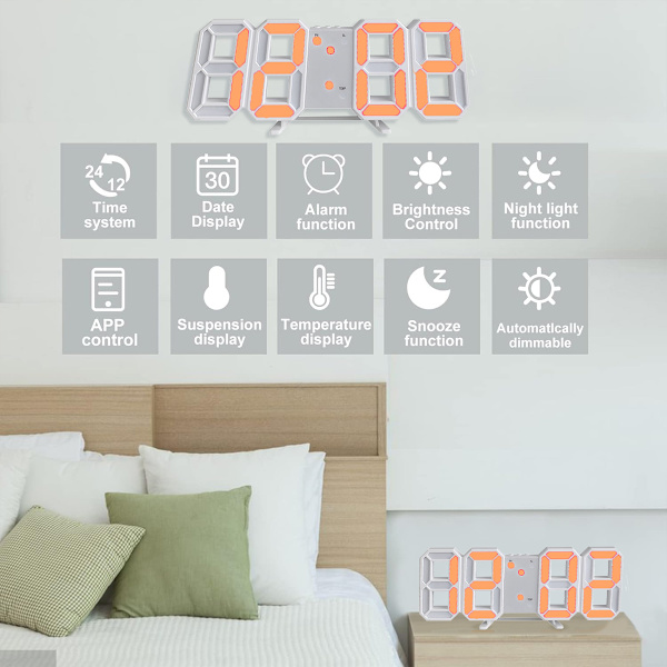 3D Digital Vækkeur Minimalistisk Stil Vægmonteret LED Nummer Tid Vækkeur til Kontor Hvid Ur Orange Skrift