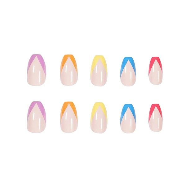 24 st pressar på naglar, medelstora kista falska naglar, lösnaglar med lim för kvinnor och tjejer Colorful French