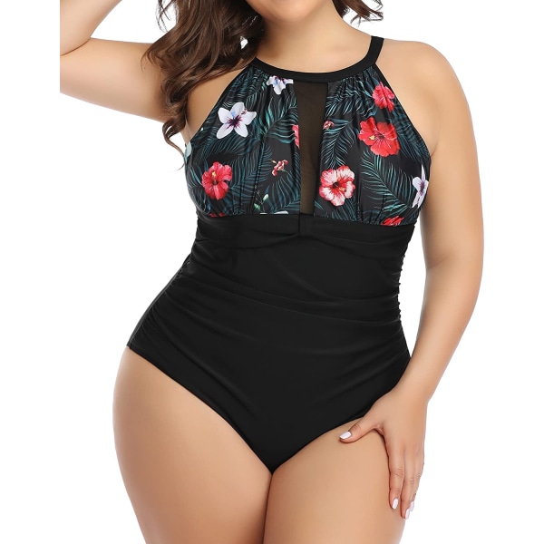 Plus Size Baddräkt Dam One Piece Baddräkt Mage Control High Black Floral 24 Plus