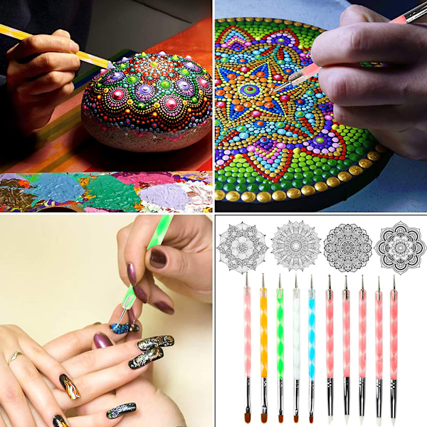 32 deler Mandala Dotting Tools Stencilsett med glidelåspose, for maling av steiner, tegning, barnehåndverk, neglekunstforsyninger