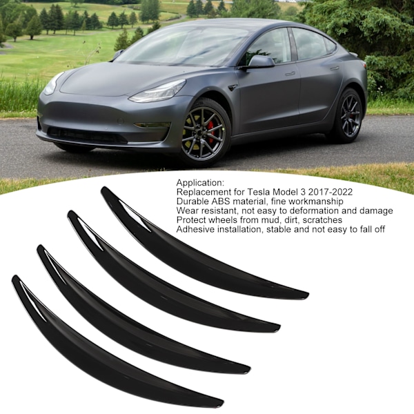 4 st. Hjulskärmar, Slät Yta, Repskyddande, Ersättning för Tesla Model 3 2017‑2022, Bakad Svart
