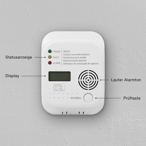 Kulmonoxiddetektor, naturgas- og eksplosivgasdetektor, digital skærm, hvid