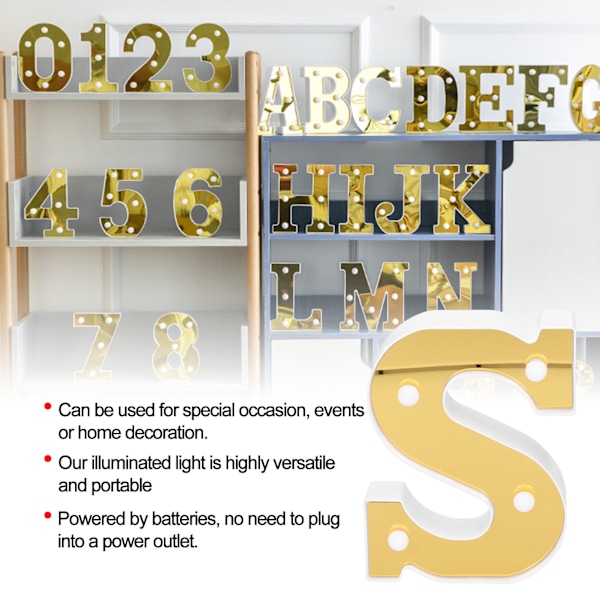 Gull LED Bokstav Lys S Alfabet Nattlys for Soverom Bryllup Bursdag Dekorasjon Varmt Hvit