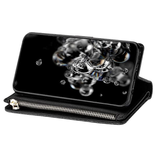 Läderfodral med dragkedja och plånbok för Samsung Galaxy A35 5G med hopfällbart stativ Black