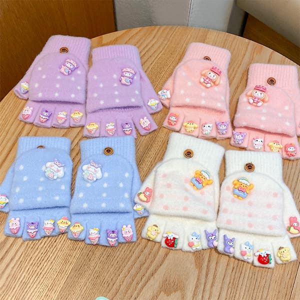 1 par Sanrio varma vinterhandskar för barn - söta, öppna vantar