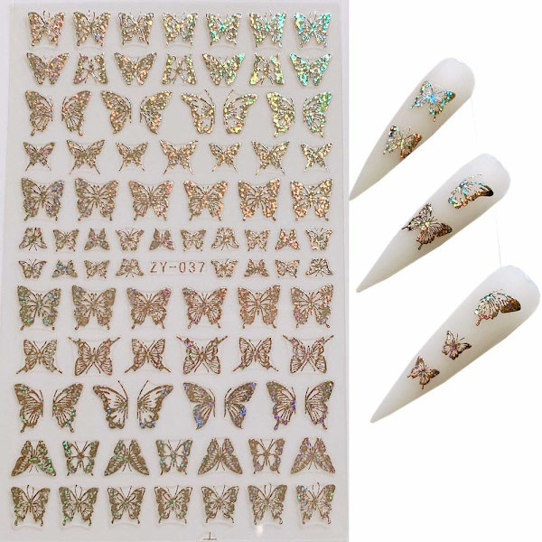 8 Ark Neglekunst Adhesive Dekalblad Diferente Laser Gull og Sølv Farge Butterfly Former Neglekunst Dekorasjon 10238