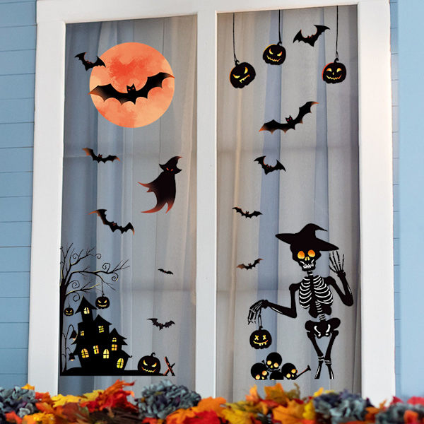 2 sarjaa Halloween-aiheisia seinätarroja: Punainen kuu, lepakko, linna, kurpitsa, haamu, luuranko