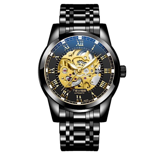 Klockor Herr Automatisk Mekanisk Armbandsur | Läderrem | Gyllene Rörelse | 45 mm Skeletttavla | Vatten- och Repbeständig | Elegant Present