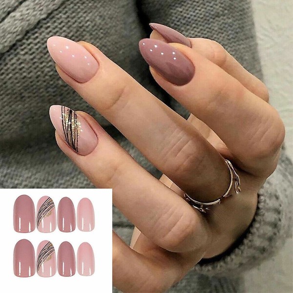 Nagelkonst Falska Naglar Slit Nagel$mandelformad Diagonal Guldlinje Lotusrot Rosa Slit Nagel$falska Nagelplåster Nagelplåster