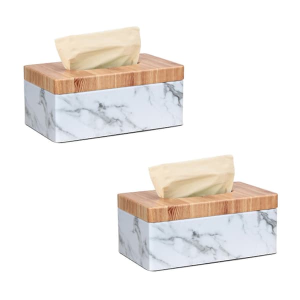 2x Rektangulær Marmor PU Ansiktsvevboksdeksel Serviettholder Papirhåndkle Dispenser Beholder