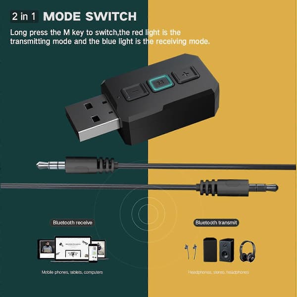 1kpl Bluetooth 5.0 2 in 1 Lähetin Vastaanotin USB-sovitin 3,5 mm Aux Stereo Audio-sovitin autolle Co