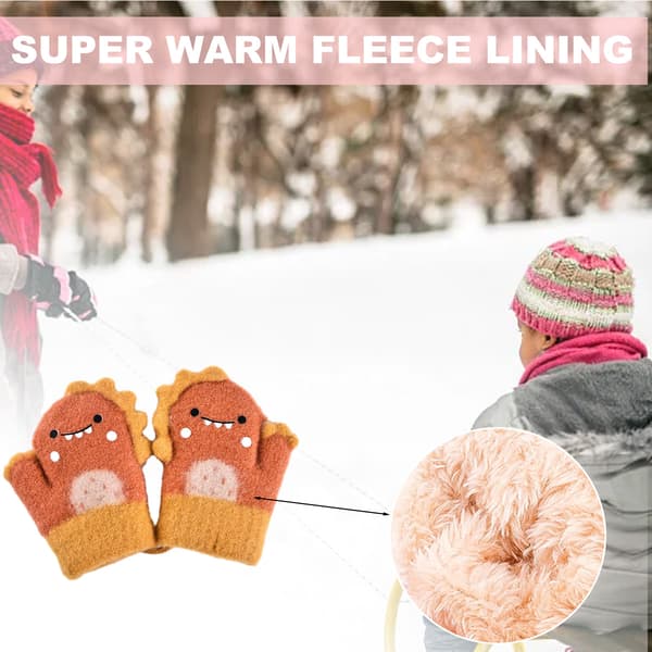 Barnvantar med snöre, tecknade, stickade, varma, ullfodrade snöhandskar för barn orange