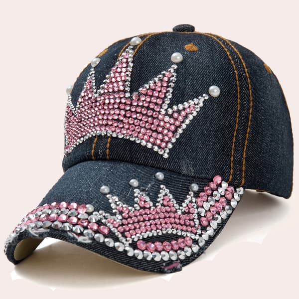 Denim Krone Bling Rhinestone Baseball Caps, Hip Pop Justerbar