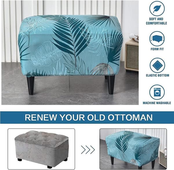 1 st (Sjöblå löv) Ottomanöverdrag Rektangulär Stretch Ottoman C