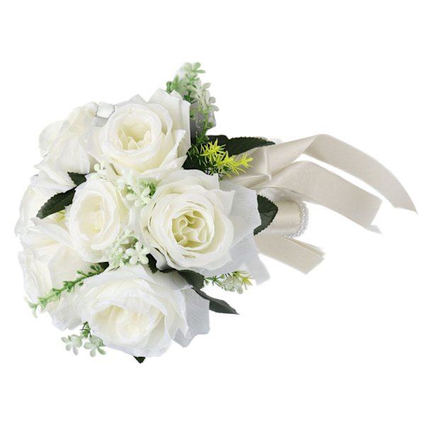 Kunstig brudebukett Silkeblomst Simulering Rosebukett for Brud som Holder Blomster Melkehvit