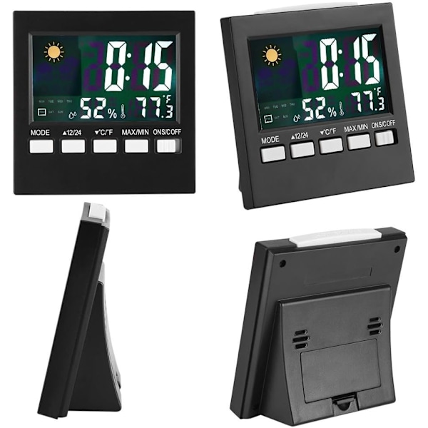 Bärbar Klocka med Multifunktionell Display, Digital Termometer Väckarklocka för Inom- och Utomhusbruk (Svart)