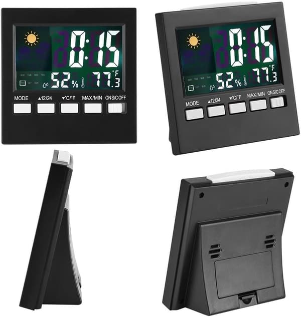 Innovativt digitalt termometer vækkeur, multifunktionelt display til indendørs og udendørs termometer, bærbart ur til soveværelse sengebord (sort)