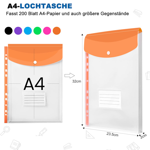 A4 Dokumentmappe, Pakke med 12, Premium Transparent Dokumentmappe, Plastik med Trykknap, Udvidbar Vandafvisende Dokumentmappe, 6 Farver