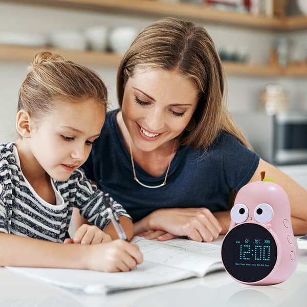 (Pink) Børnevækkeur, USB LED Digitalt Sengelampeur til Børn