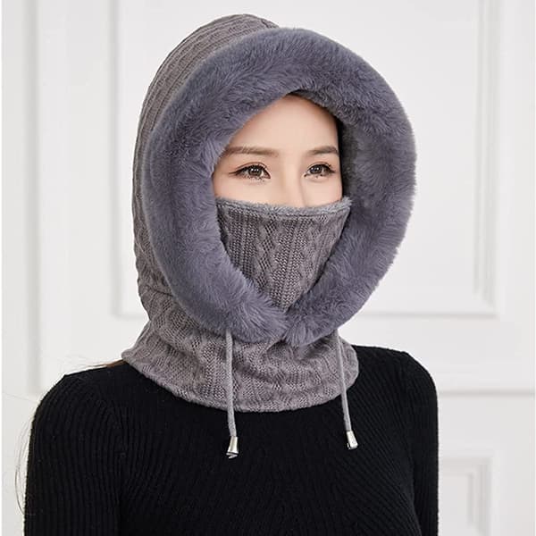 2 i 1 Vintermössa Stickad Mössa Varm Mössa Cirkelsjal Set Balaclava Vinterstickad Mössa med Fleecefoder för Kvinnor Vindtät Mössa Kylskydd Skidmössa Grau