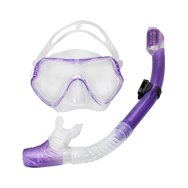 Lila transparent snorklingsset, snorkling torr topp snorkel och härdat glas simning dykning snorklingsmask, 180°HD vy, ingen läcka