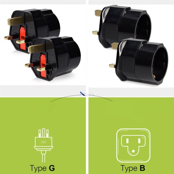 EU-standard til britisk standard støpsel adapter, sett med 2 stk