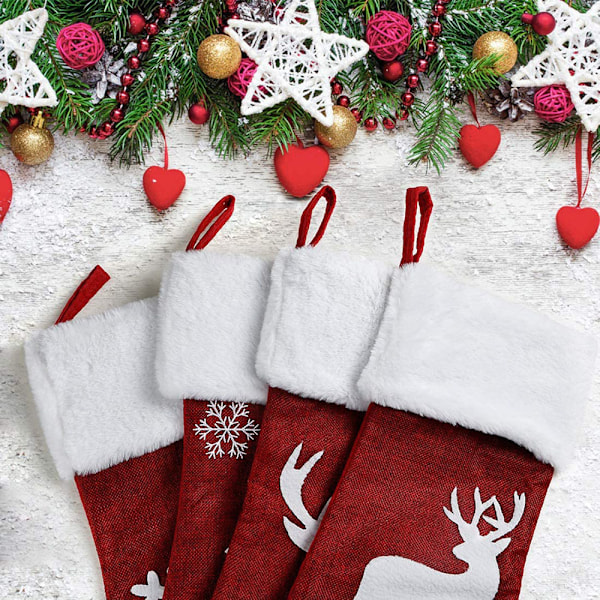 Elegant Julstrumpor Set, Tidlös Säckväv Buffalo Pläd Juldekorationer med Plysch Fuskpäls Manschett för Hängning vid Öppen Spis, 4 st