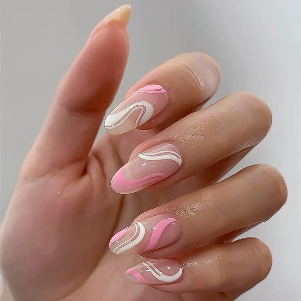 24 Pcs Glossy Press on Nails, Luvehandicraft Medium Stiletto Fake Nails, False Nails with Glue for Women and Girls (Glossy Pink Swirl 3)