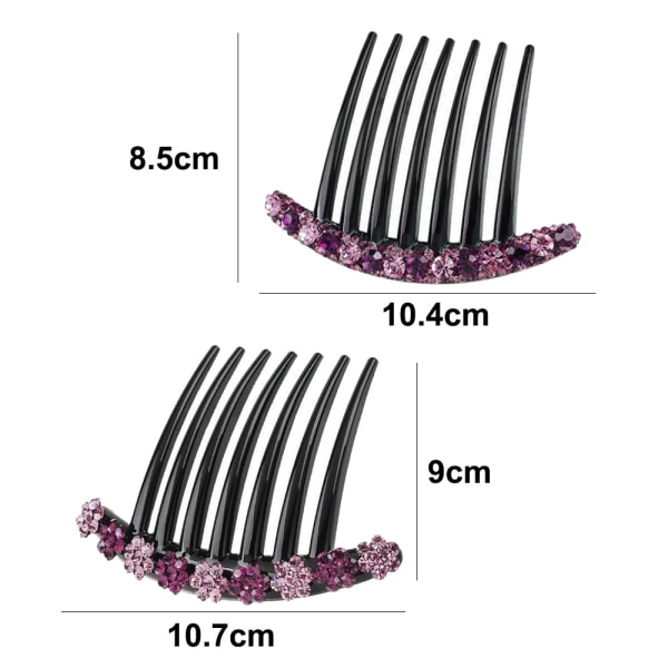 2 stk. 7-tands hårsidekamme med rhinestones og blomstermønster