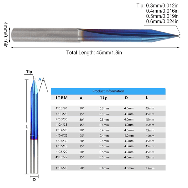 11 stk. 4mm/0.2 tommer 2-flad Straight V Graveringsbits Wolfram Stål Spejlfinish Multifunktion