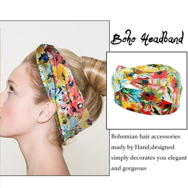 KAVYA Set med 4 Boho Pannband Dam Pannband Hårband Turban Elastiskt Mjukt Bohemian Pannband Blommönster Printed Twisted Bomull för vardagsyoga