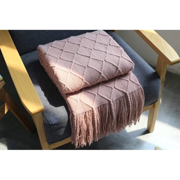 Myk Strikket Ullpledd med Dusker Koseteppe Sofateppe 125 x 230 cm