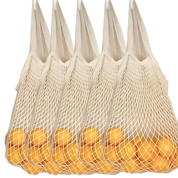5 kpl Uusiokäyttöisiä Kauppakasseja - 100% Puuvillaverkko Hedelmäpusseja Pitkällä Kahvalla, Orgaaninen Pesukeittiö String Net Tote Bag