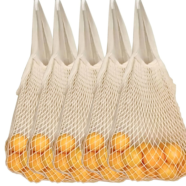 5-pack återanvändbara matkassar - 100 % bomullsmesh-påsar med långt handtag, ekologisk tvättbar shoppingnätväska