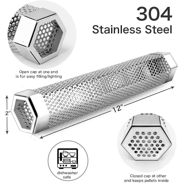 Sekskantet Pellet Røykerør, BBQ Vedpellet Røykerør i Rustfritt Stål, For Enhver Grill Eller Røyker, Massive Diffusjonshull, Opptil 5 Timer