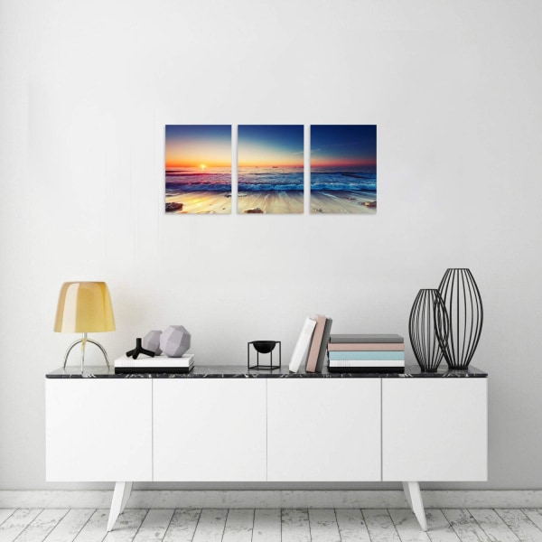3 Panel Beach Canvas Väggkonst för heminredning Blue Sea Sunset Whi
