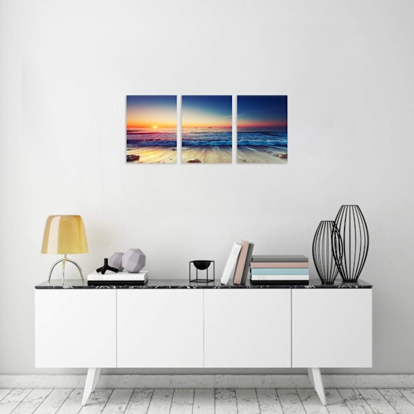 3-Panel Strand Canvas Væghængning til Hjemmedekor Blå Hav Solnedgang Whi