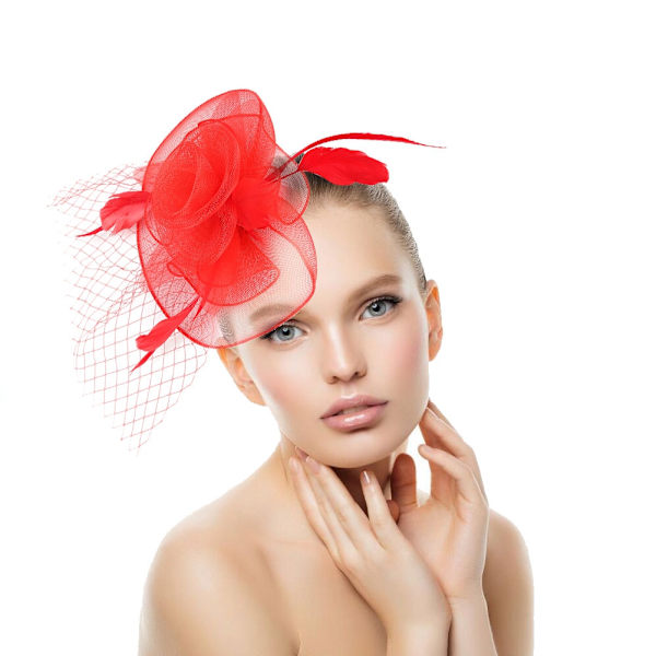Röd dam slöja hatt bröllop brud fågelbur fascinator fjäder hår accessoar