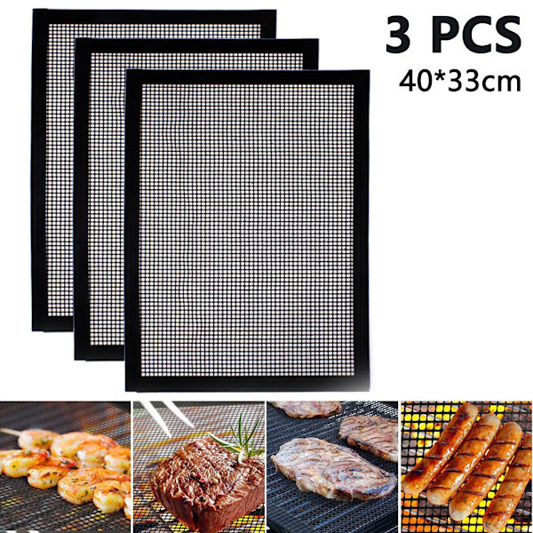 3 stk BBQ grillmatter for grilling og baking, ikke-klebende grill- og bakematte gjenbrukbar, grillnett varmebestandig opp til