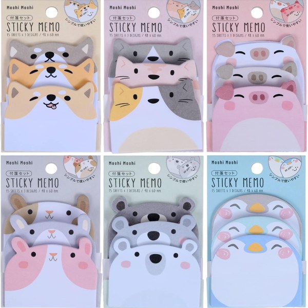 6 stk Søte Sticky Notes, Tegneserie Sticky Notes Dyr Form