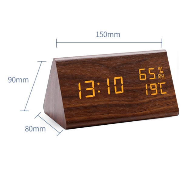 LED hygrometer väckarklocka LED träklocka triangel elektronisk digitalklocka trä hygrometer