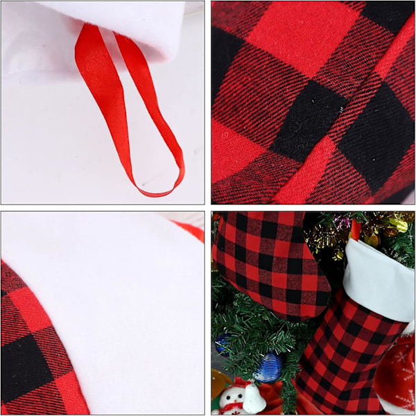 Hängande Julstrumpa för Öppen Spis, Personlig Broderi Säckväv Ludd Non-Woven Tyg Julstrumpor i Storpack Med Stor Röd Svart Buffelrutig För Stark Och