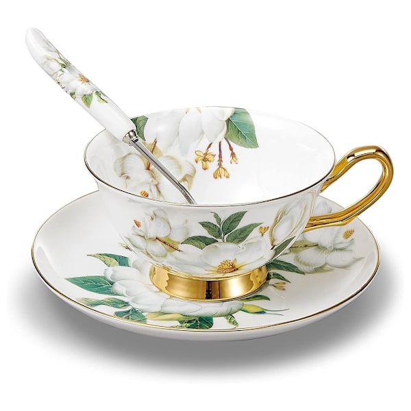 Duftende kaffekop i høj kvalitet benporcelæn, inklusive en kop på 200 ml, en tallerken og en ske.