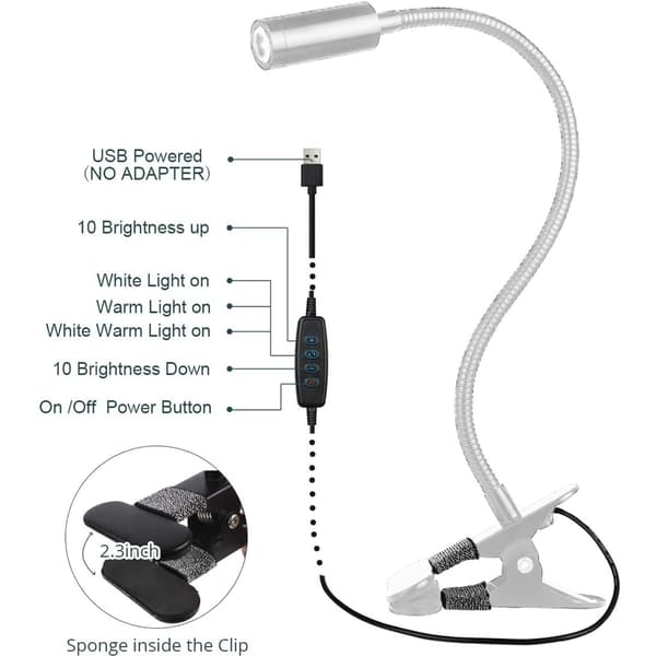Klipslampe Leselys LED Skrivebordslampe 3 Lysstyrke
