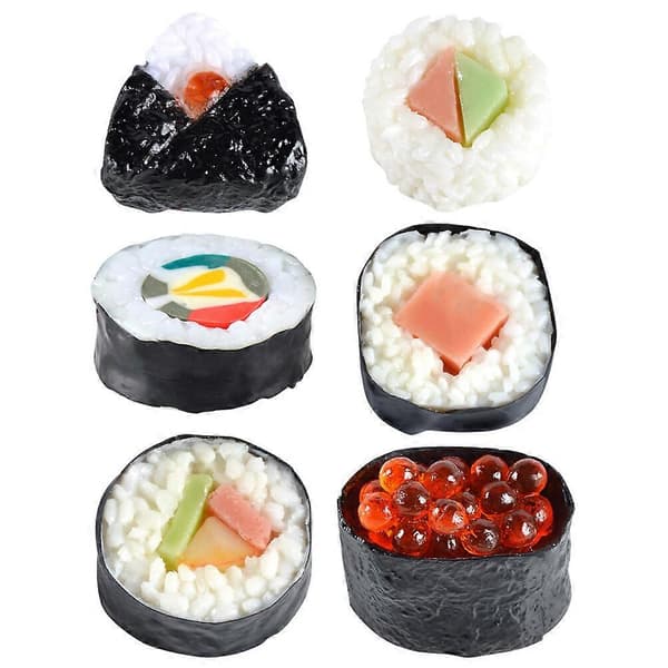 6 st konstgjorda sushiprover, falsk mat, simulerade risrullar, modell, realistisk verklighetstrogen sushimodell