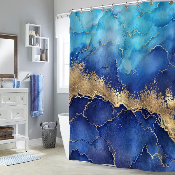 Ombre Blå Marmor Duschdraperier Set, Blå Guld Abstrakt Dusch