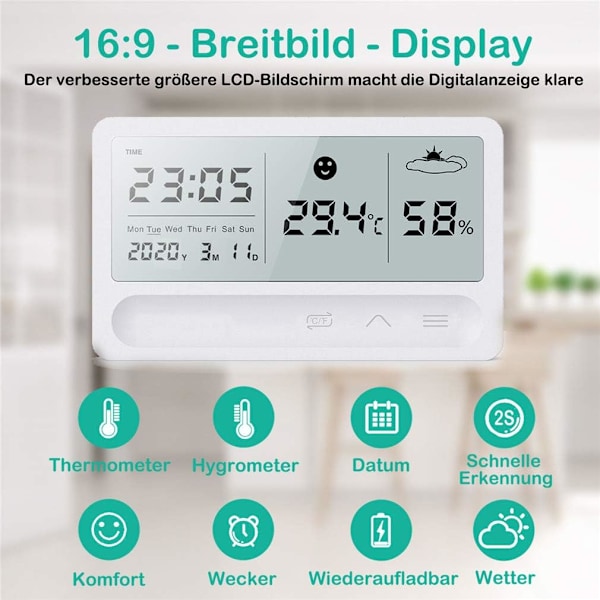 Hygrometer Termometer Inomhus, Uppladdningsbar Digital Thermo Hygro