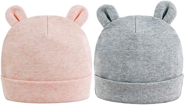 2-pack, Rosa och grå bomullsnyföddmössa med söta björnöron