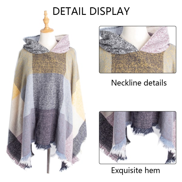 Dame Plaid Hetteskjerf Kappe Teppe Poncho Hetteskjerf